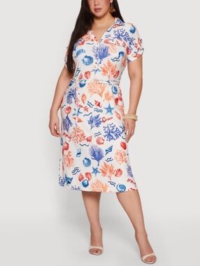 Trendy Plus Size Women's Coral & Navy & White Print Comfy Tie Belted Shirt Dress